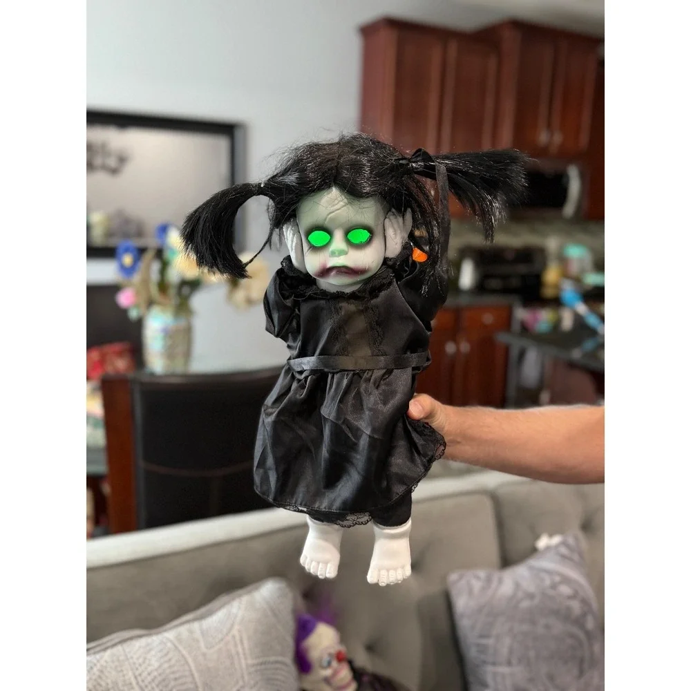 Spooky‎ Animated Doll Creepy Girl Glowing Eyes Black Dress talks